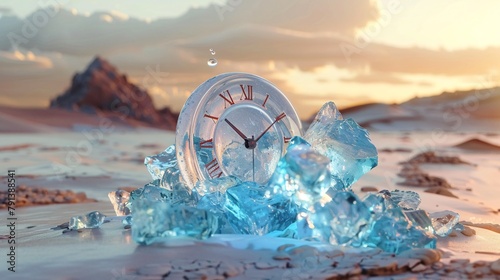 A melting iceberg in a glass hourglass with a droplet and a barren landscape. Climate change. Depletion of water sources. Preserve the Earth. Vanishing water. Time and mortality artfully depicted.
