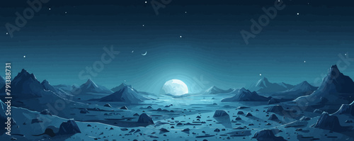 A surreal moonscape with rugged craters, jagged peaks, and a distant view of Earth rising over the horizon. Vector flat minimalistic isolated illustration.