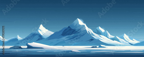 Ice-capped mountains reaching to the sky, with glittering glaciers and snow-capped peaks. Digital art style vector flat minimalistic isolated illustration.