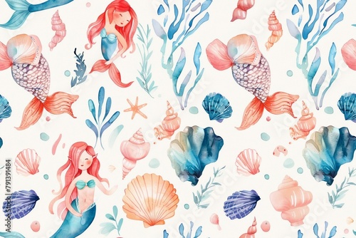 Stunning seamless pattern of watercolor mermaids and seashells.