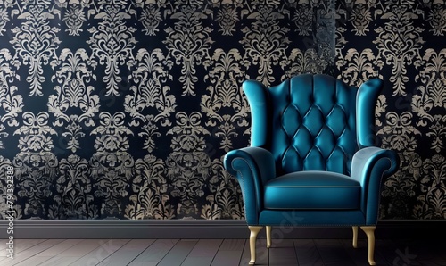 Casual casual blue armchair in front of a modern damask wallpaper, Generative AI