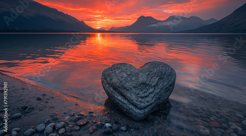 Un rocher en forme de cœur placé sur la rive d'un lac au lever du soleil, avec des montagnes et des reflets dans l'eau. Le ciel est peint en rouge comme le soleil couchant.