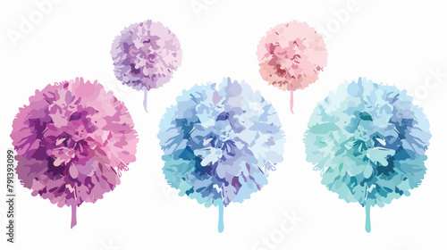 Set of Four pastel colored pom poms of different size