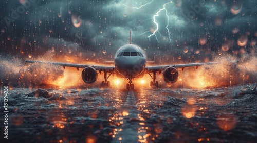 The runway scene is intensified by lightning striking in the background as a plane sits on the tarmac.
