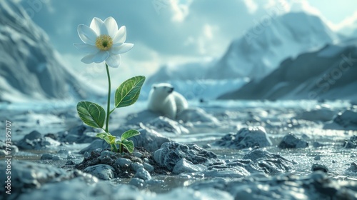 A solitary flower stands resilient among rocks with a majestic snowy landscape and polar bear afar