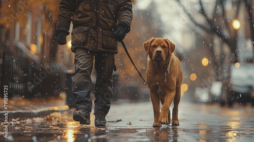 A person and their dog stroll down a wet urban street as streetlights glow softly in the dusk