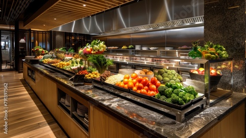 Contemporary tropical self-service setting with a focus on French cuisine, displaying a spotless and polished buffet area