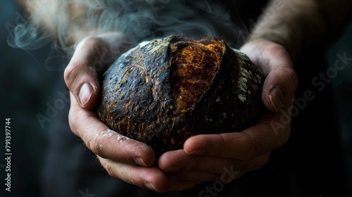 Close-up on hands holding a hot pumpernickel loaf, dark background to highlight the steam and rich color of the bread