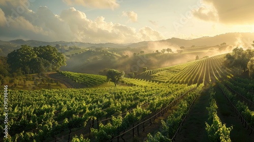 A tranquil vineyard bathed in the soft glow of morning light, its neat rows of grapevines stretching across rolling hillsides blanketed in mist, offering a serene oasis for wine enthusiasts to savor 
