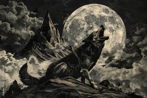 Illustration of a wolf howling in front of a full moon