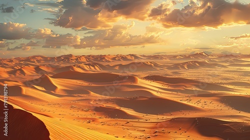 A vast desert landscape painted in hues of orange and gold, with towering sand dunes sculpted by the winds of time, 