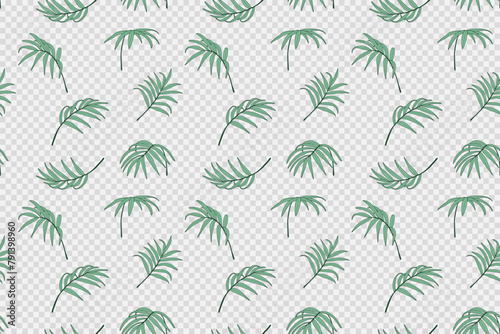 Vector tropical seamless pattern with green palm branches on a transparent background. Summer pattern for textiles, wrapping paper, wallpaper or covers.