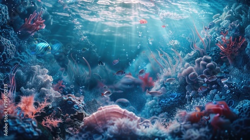 A whimsical underwater pattern with swirling sea creatures and aquatic elements dancing amidst a backdrop of ocean waves and coral reefs, evoking the magic and mystery of the underwater world, adding 