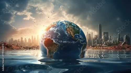 Half-submerged Earth with cityscape backdrop. World Environment Day