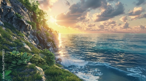 A windswept coastal cliff adorned with lush greenery, overlooking the endless expanse of the ocean stretching to the horizon, where the sun dips below the water's edge.