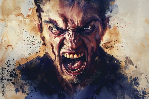 Scary zombie with blood on his face, Digital watercolor painting