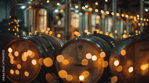 dimly lit distillery with barrels 