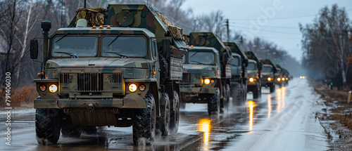 A convoy of military vehicles transporting equipment