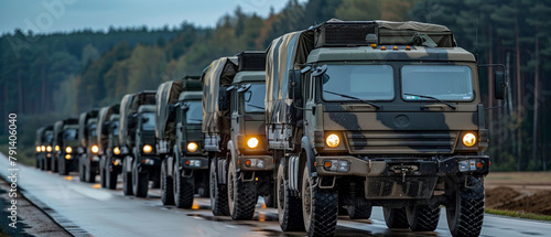 A convoy of military vehicles transporting equipment