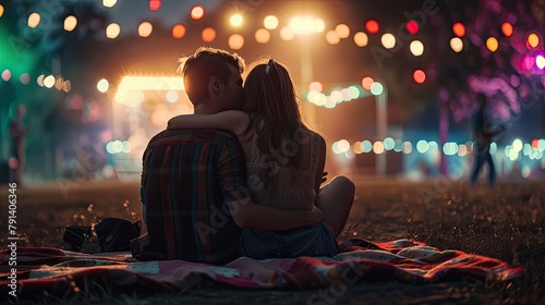 A young couple cuddled up on a blanket at a music festival, their faces illuminated by the colorful lights and pulsating rhythms of the stage,