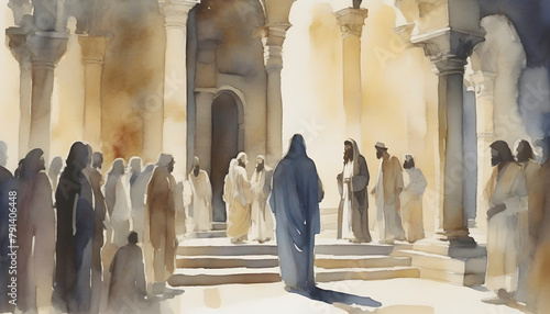 Watercolor painting of Jesus Christ visiting the Temple at Jerusalem.