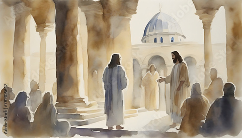 Watercolor painting of Jesus Christ visiting the Temple at Jerusalem.