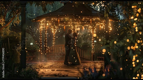 A young couple sharing a romantic dance under the twinkling lights of a garden gazebo, their faces bathed in the soft glow of lanterns as they move together