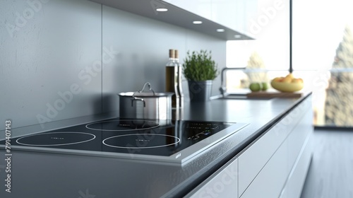 Modern kitchen interior design with granite countertop Digital composite on induction hob in modern kitchen