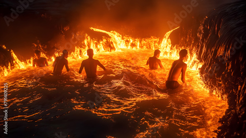 FIre pool party, people have fun in the heated water like lava, the surreal pool from the waterfall in global heat, global warming from climate change concept