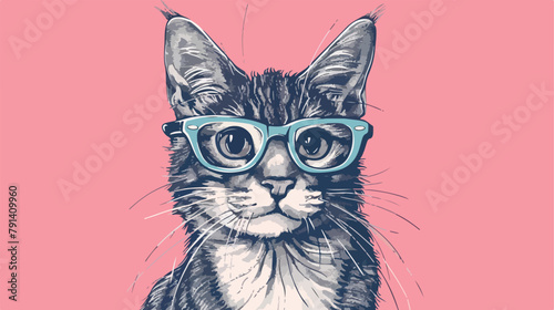 Drawing of a cool boy cat in glasses on a pink background