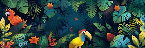 Whimsical illustration of a dense jungle with colorful foliage and playful tropical animals