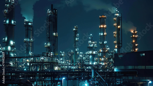  Oil​ refinery​ and​ plant and tower column of petrochemistry industry in oil​ and​ gas​ ​industrial at night
