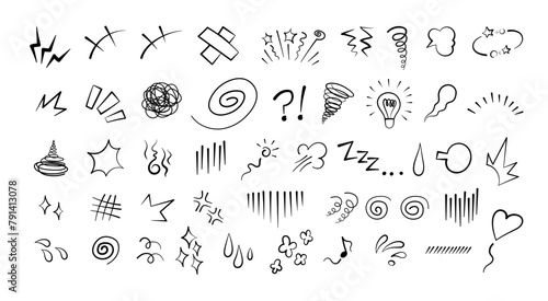 Anime comic emoticon element graphic effects hand drawn doodle vector illustration set isolated on white background. Manga style doodle line expression scribble anime mark collection.