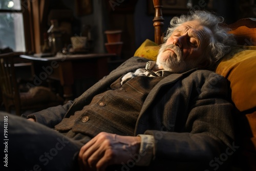 A senior man of German origin asleep in a cozy bed and breakfast in the countryside, embodying Sleep Tourism