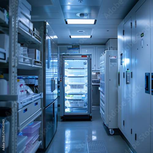 A lab with blue lights and a lot of freezers