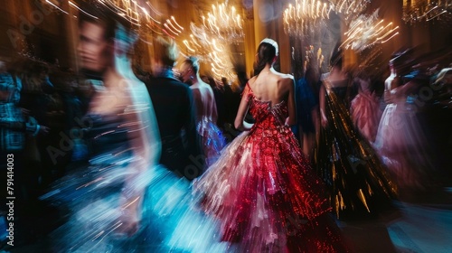 A blurred sea of stylishly dressed guests mingle in the background as dramatic lighting and blurred reflections showcase the opulent designs and impeccable styling of the haute couture .