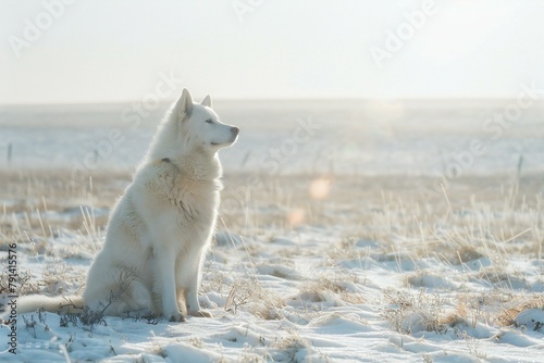 White swedish husky dog sitting in the snow in winter