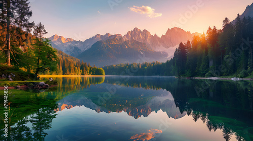 Spokojny poranek widok na jezioro Fusine. Kolorowy lato wschód słońca w Juliańskich Alps z Mangart szczytem na tle, prowincja Udine, Włochy, Europa. Piękno natury pojęcia tło.