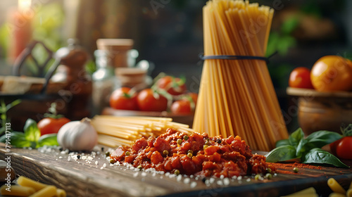 Italian food ingredients for Spaghetti Bolognese, hyperrealistic food photography