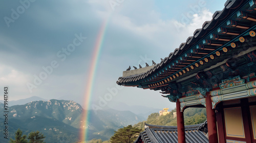 A temple with a rainbow in the mountain background