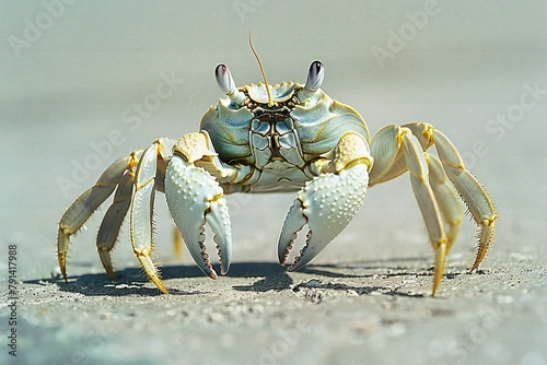 Close-up of a yellow sand crab on the beach in the sun