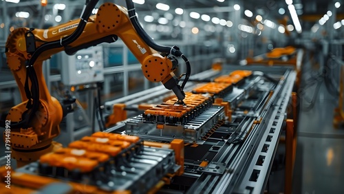 Robotic arm at giga factory assembles electric vehicle batteries for green energy. Concept Green Energy, Electric Vehicles, Robotic Technology, Giga Factory, Battery Assembly