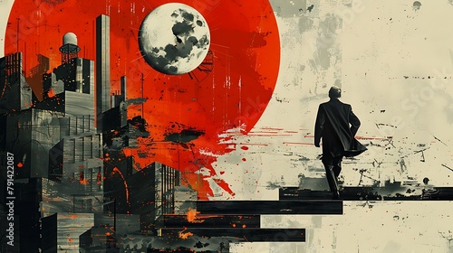 A man is walking down a staircase in front of a red moon