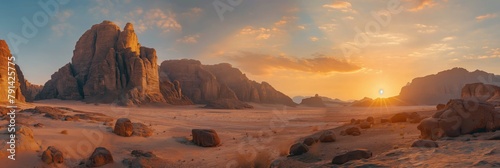 Majestic desert panorama with towering cliffs under a breathtaking sunset sky