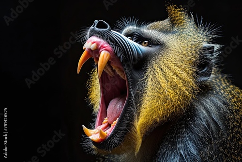 Portrait of a male mandrill with wide opened mouth on black background