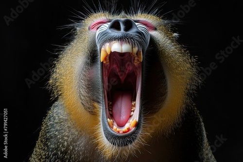 Portrait of a male mandrill with wide opened mouth on black background