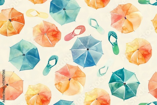 Seamless pattern of watercolor beach umbrellas and sandals in summer colors.