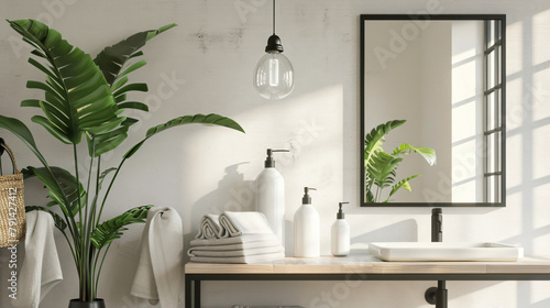 Chic bathroom setup with soap dispensers towels plant