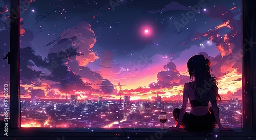Anime girl observes the city as the sun sets, while a delightful woman appreciates the cityscape beneath the nighttime sky