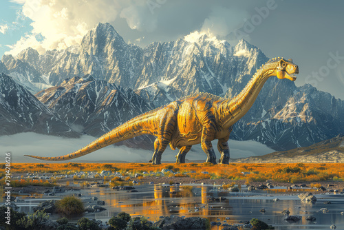 A majestic Sauroposeidon, with its immense size and long neck, towering over the ancient landscape as the largest dinosaur of its time. Concept of colossal herbivore. Generative Ai.